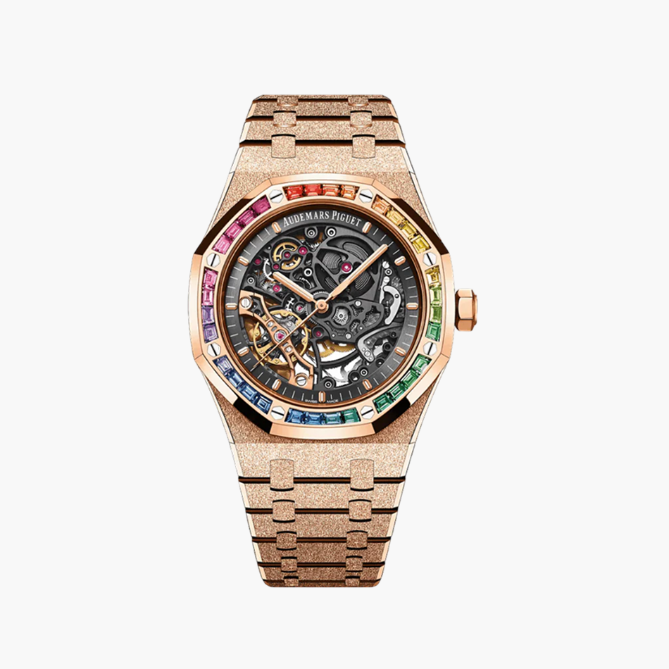 Audemars Piguet Royal Oak Frosted 41mm 15412OR.YG.1224OR.01-B Rose Gold Grey Openworked Dial Rainbow Diamonds Set Bezel