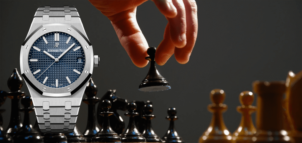 Audemars Piguet Royal Oak watch with chess pieces representing a strategic watch collector