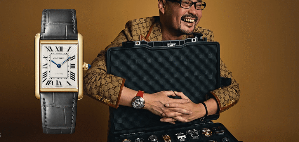 Cartier Tank watch and luxury watch collector showcasing a curated timepiece collection
