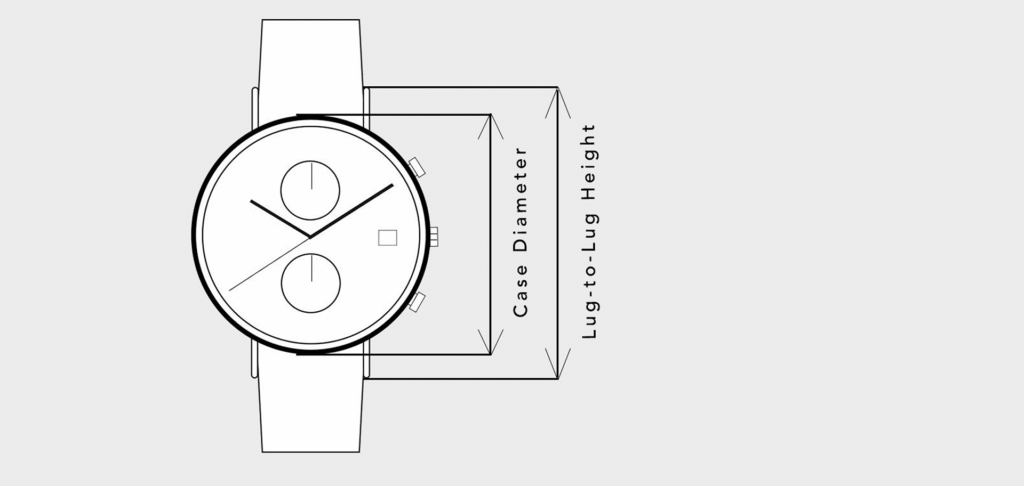 Watch case diameter and lug-to-lug measurement diagram