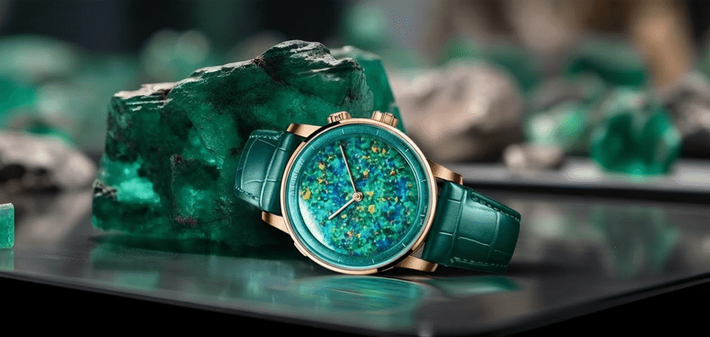 Close-up of a luxury wristwatch with a textured forest green dial and leather strap